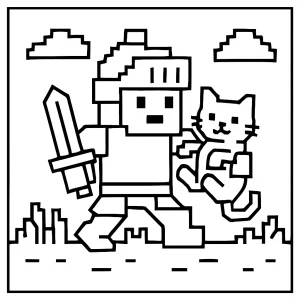 Pixelový rytier zachraňuje mačiatko omalovánka - coloring page pre deti na vytlačenie