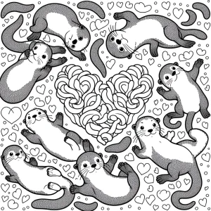 Heart-Shaped Otters omalovánka – coloring page s dvoma vydrami tvoriacimi srdce na vyfarbenie