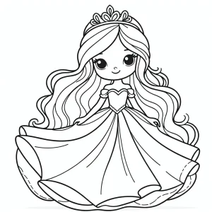Omalovánka princeznej v splývavých šatách s tiarou – coloring page pre deti zadarmo na vytlačenie