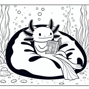 Axolotl číta komiksy pod vodou – omalovánka coloring page na vytlačenie