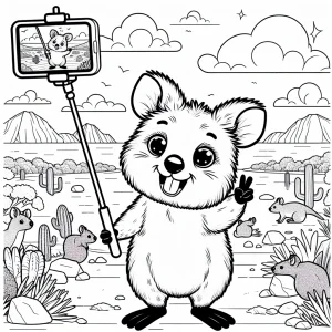 Quokka Selfie v austrálskej buši - omalovánka na vyfarbenie coloring page pre deti