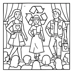 Omalovánka módnej prehliadky s upcyklovanými džínsovými outfitmi na vyfarbenie – coloring page