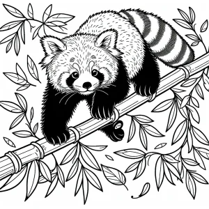 Omalovánka červená panda balancuje na bambuse s padajúcimi listami, detailná omaľovánka na vytlačenie