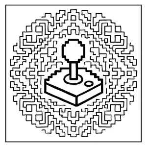 Retro pixelová mandala s joystickom – omalovánka na vytlačenie zdarma