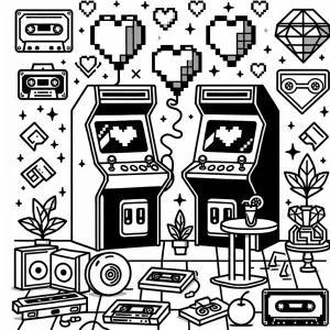 Retro 80s Arkádová Párty omalovánka – coloring page s arkádovými automatmi, pixelovými srdciami a párty scénou na vyfarbenie