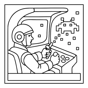 Retro arcade pilot omalovánka – coloring page s pixelovým lietadlom a vesmírnou akciou na vyfarbenie