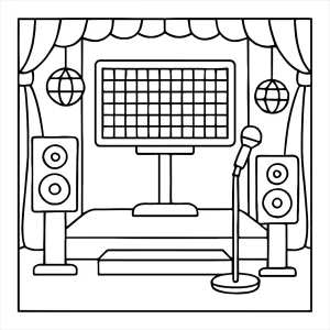 Retro karaoke pódium s pixelovou obrazovkou textov – omaľovánka na vytlačenie, coloring page pre deti