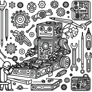 Robot v dielni omalovánka – coloring page s robotom, ktorý skladá ozubené kolieska