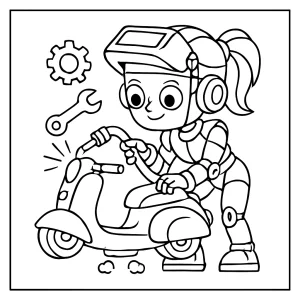 Robotická mechanická dievčina zvárajúca vznášajúci sa skúter - omalovánka na vyfarbenie, coloring page