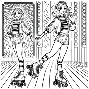 Retro 90s roller-skating girl coloring page – omalovánka dievčaťa na korčuliach pod neónovými svetlami na vytlačenie