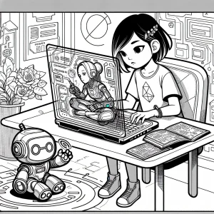Omalovánka STEM dievča programuje s robotom, omaľovánka na vytlačenie zdarma