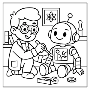 STEM vynálezca opravuje priateľského robota – coloring page omalovánka pre deti na vyfarbenie zadarmo