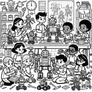 STEM laboratórium omalovánka – deti stavajú roboty, coloring page na vytlačenie zdarma