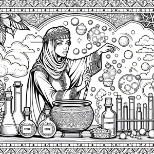 STEM čarodejnica mieša kód a chémiu v laboratóriu – coloring page, omalovánka na vytlačenie
