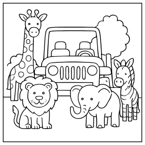 Safari džíp a zvieratá - omaľovánka pre deti, coloring page na vytlačenie