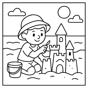 Omalovánka architekta stavajúceho pieskový hrad na pláži, coloring page pre deti na vytlačenie