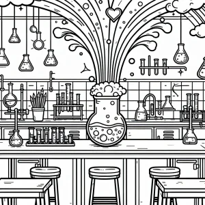 Omalovánka: pohár s dúhovou parou v školskom laboratóriu – coloring page pre deti