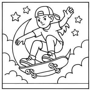 Omaľovánka zdarma: skateboardistka skáčuca cez mesiac – omaľovánka na vytlačenie