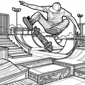 Omalovánka skateboardistu predvádzajúceho kickflip v skateparku na vytlačenie