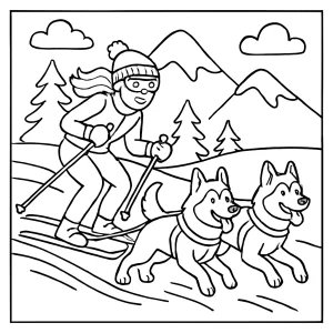 Lyžiarka so psami husky - omalovánka na vytlačenie, coloring page pre deti