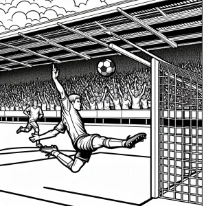 Omalovánka futbalistu strieľajúceho gól pred zaplneným štadiónom, vhodná na vyfarbenie pre deti