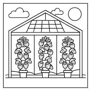 Omaľovánka skleník so solárnymi panelmi a jahodové veže - coloring page outline