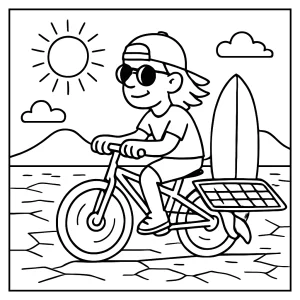 Solárny surf-bicykel na púštnych soľných pláňach – omaľovánka zdarma na vytlačenie