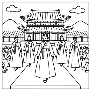 Hanbok fashion show v kráľovskom paláci – omaľovánka na vytlačenie, coloring page s juhokórejskou módou