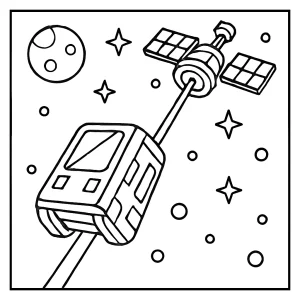 Omalovánka vesmírneho výťahu s vozidlom stúpajúcim k orbitálnej stanici - coloring page na vytlačenie