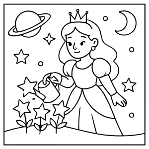 Omalovánka vesmírna princezná zalieva hviezdne kvety – coloring page pre deti