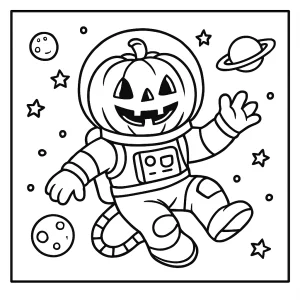 Tekvicový astronaut vo vesmíre – omalovánka na vytlačenie zdarma, Halloween vesmírny motív pre deti