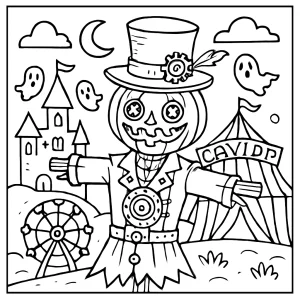 Steampunk strašiak na karnevale – omalovánka pre deti, coloring page na vytlačenie