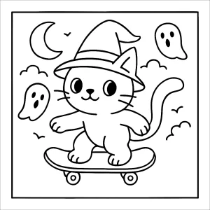 Omalovánka: čarodejná mačka na skateboarde – vytlačiteľná stránka na vyfarbenie pre deti