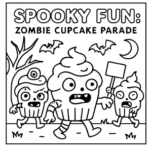 Omalovánka zombie cupcakes na strašidelnej prehliadke, Halloween coloring page pre deti na vytlačenie