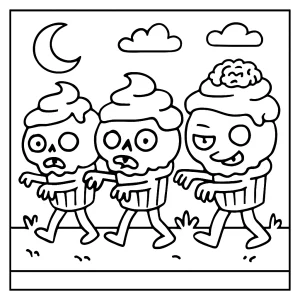 Omalovánka zombie muffinov v strašidelnom sprievode – coloring page na vytlačenie
