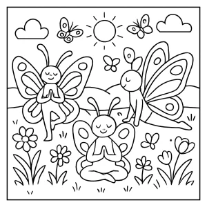 Jarný motýlí joga retreat omalovánka – coloring page na vytlačenie a vyfarbenie pre deti
