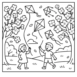 Omalovánka jarný festival šarkanov pod čerešňami, coloring page na vyfarbenie pre deti