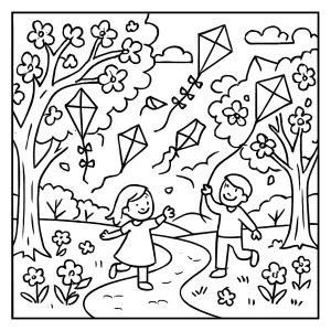 Jarný festival s čerešňovými šarkanmi - omalovánka, coloring page pre deti na vyfarbovanie
