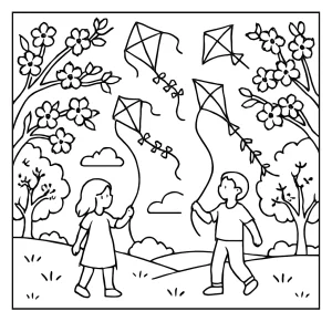 Jarný festival čerešňových šarkanov omalovánka - coloring page pre deti na vytlačenie