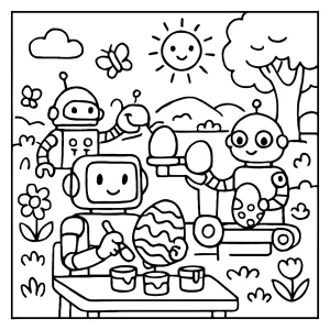Jarná robotická dielňa – coloring page omalovánka na vyfarbenie s robotmi maľujúcimi veľkonočné vajíčka