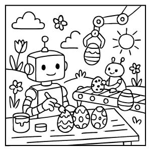 Jarná scéna s robotmi maľujúcimi vajíčka – omaľovánka na vytlačenie zdarma