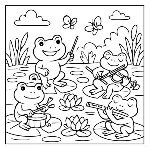 Jarný žabí orchester na lotosovom jazierku – omalovánka, coloring page na vyfarbenie pre deti