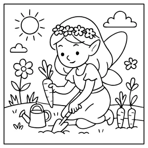 Omalovánka so záhradnou vílou, ktorá sadí mrkvu na jar – coloring page pre deti na vytlačenie