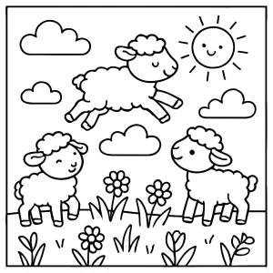 Jarná scéna s ovečkami skáčucimi po obláčikoch - omalovánka, coloring page pre deti na vyfarbenie zadarmo