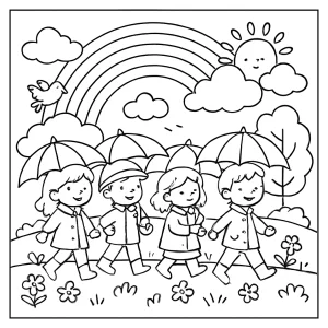 Jarný sprievod s dúhovými dáždnikmi – omalovánka, coloring page na vymaľovanie zdarma