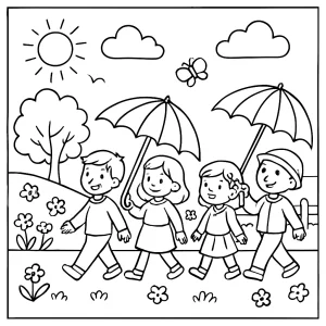 Jarná paráda detí s dúhovými dáždnikmi - omalovánka coloring page na vytlačenie zdarma