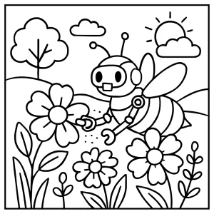Robotická včela na jarnej lúke - omalovánka na vytlačenie, coloring page pre deti