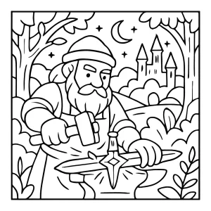 Fantasy omalovánka zdarma: hviezdny kováč vyrába magický meč v očarovanej ríši