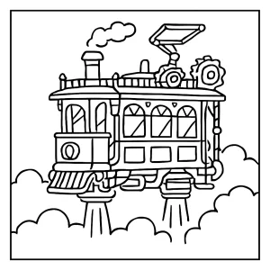 Steampunk vznášajúca sa električka omalovánka - coloring page na vytlačenie zdarma