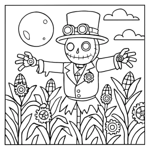 Steampunk strašiak v hodinovom kukuričnom poli pod splnom mesiaca – omalovánka na vytlačenie coloring page